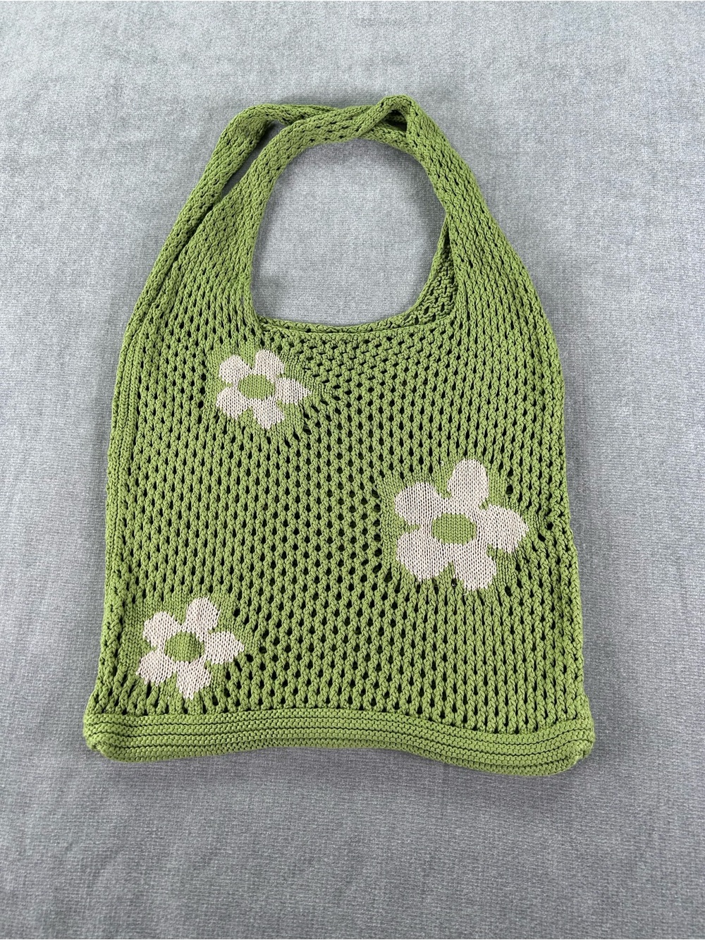 Daisy Crochet Knit Tote Bag Olive Avocado Green Cream Floral Shoulder Bag Fall